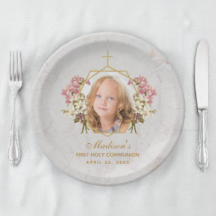 Girl First Communion Photo Marble Pink Orchid Gold Paper Plates