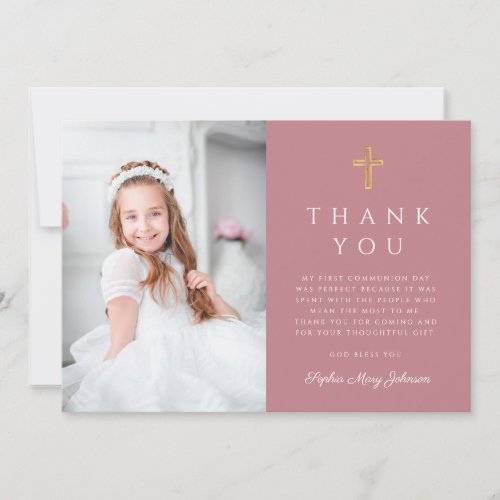 Girl First Communion Photo Pink Cross Thank You Card