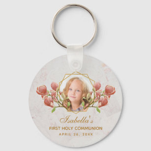 Girl First Communion Photo Pink Magnolia Floral  Keychain