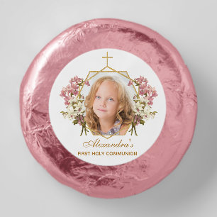 Girl First Communion Photo Pink Orchid Floral Gold Dipped Oreo Cookie Favors