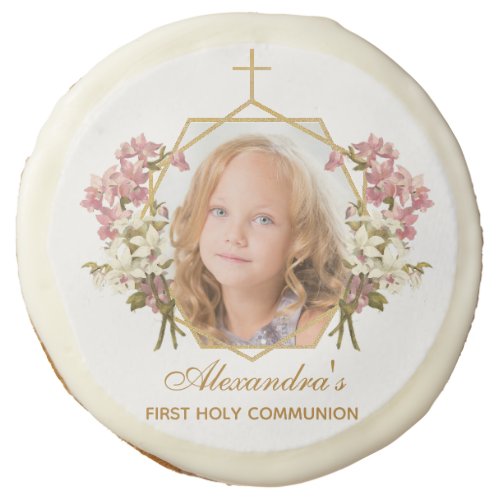 Girl First Communion Photo Pink Orchid Floral Gold Sugar Cookie
