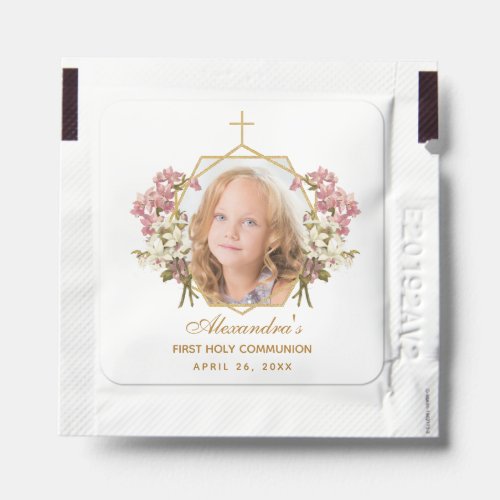 Girl First Communion Photo Pink Orchid Gold Floral Hand Sanitizer Packet