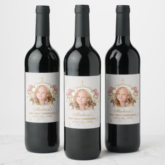 Girl First Communion Photo Pink Orchid Gold Floral Wine Label (Bottles)