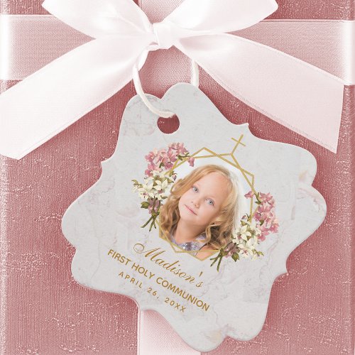 Girl First Communion Photo Pink Orchid Gold Marble Favor Tags