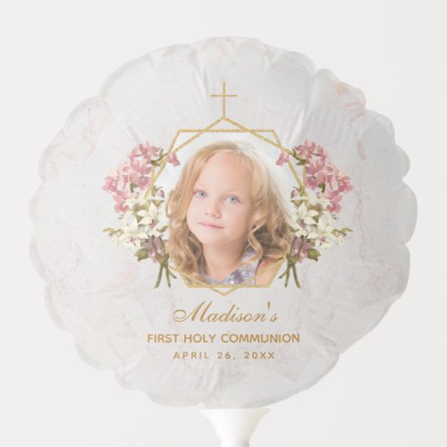 Girl First Communion Photo Pink Orchid Marble Gold Balloon