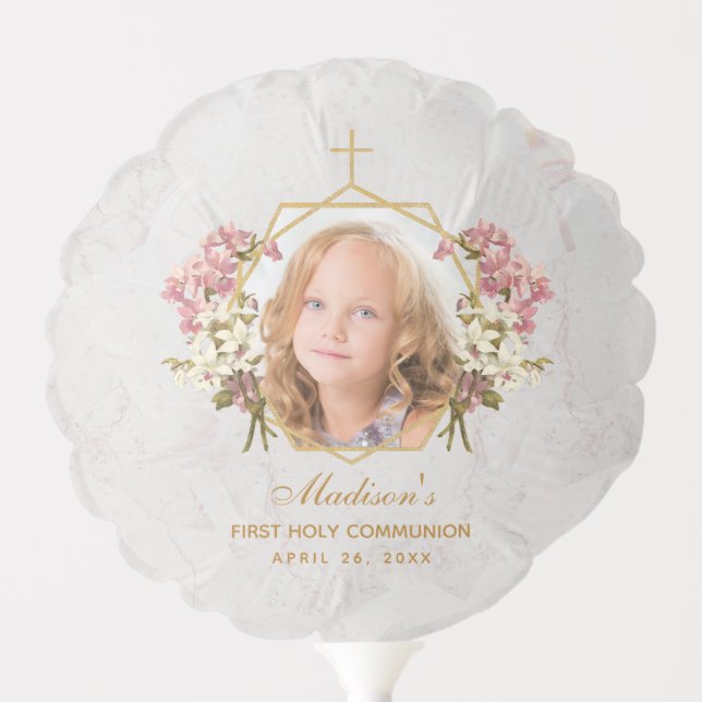 Girl First Communion Photo Pink Orchid Marble Gold Balloon (Front)