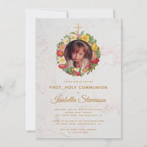 Girl First Communion Photo Rose Wreath Marble Invitation