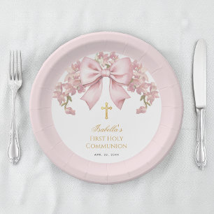 Girl First Communion Pink Bow Floral & Gold Cross Paper Plates