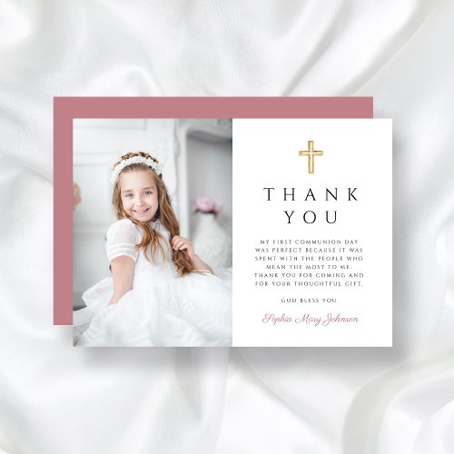 Girl First Communion Pink Cross Photo Thank You Card