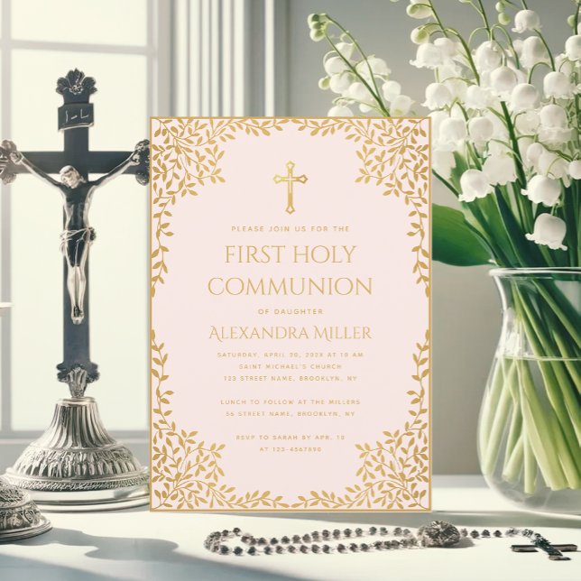 Girl First Communion Pink Faux Gold Leaves Vintage Invitation (Creator Uploaded)