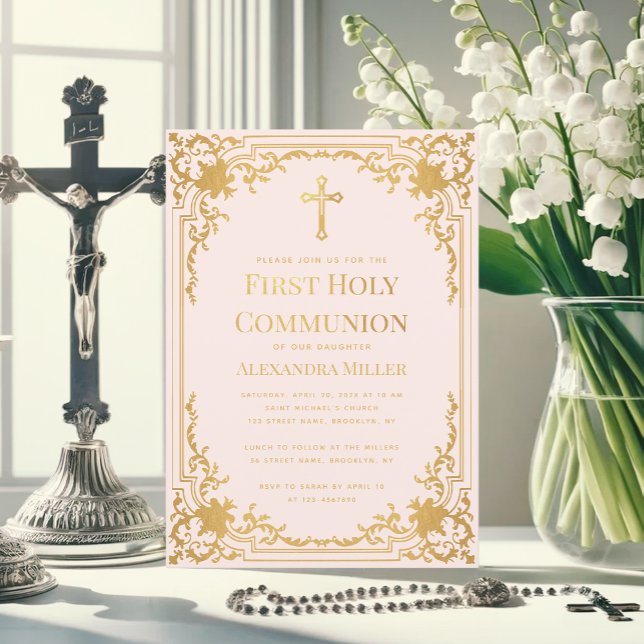 Girl First Communion Pink Faux Gold Vintage Ornate Invitation (Creator Uploaded)