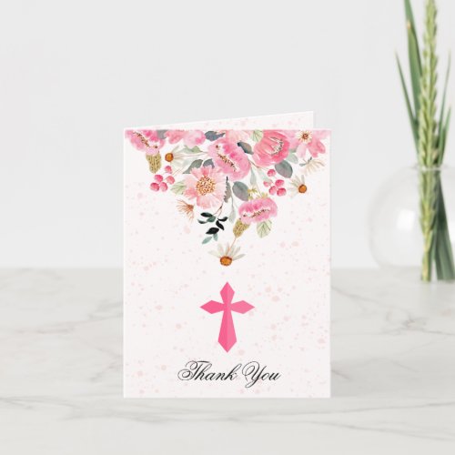 Girl First Communion Pink Floral Folded Thank You Card