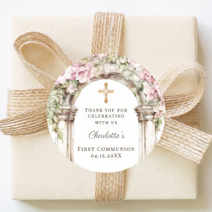 Girl First Communion Pink Florals Arch Cross Classic Round Sticker