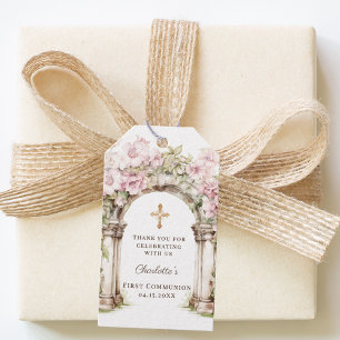 Girl First Communion Pink Florals Arch Cross Gift Tags