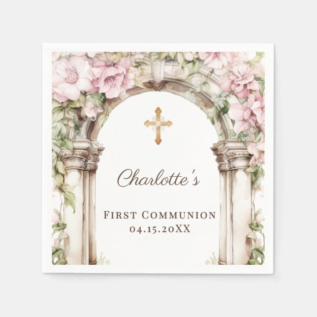 Girl First Communion Pink Florals Arch Gold Cross Napkins (Front)