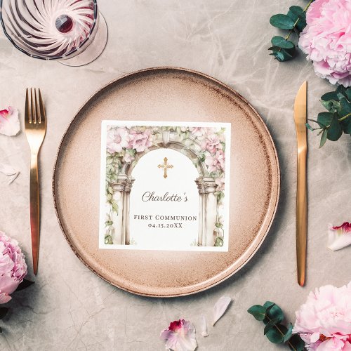 Girl First Communion Pink Florals Arch Gold Cross