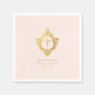 Girl First Communion Pink Gold Cross Vintage Crest Napkins