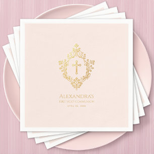 Girl First Communion Pink Gold Cross Vintage Crest Napkins
