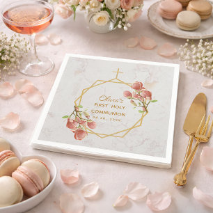 Girl First Communion Pink Magnolia Gold Marble Napkins
