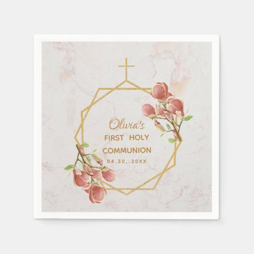 Girl First Communion Pink Magnolia Gold Marble Napkins