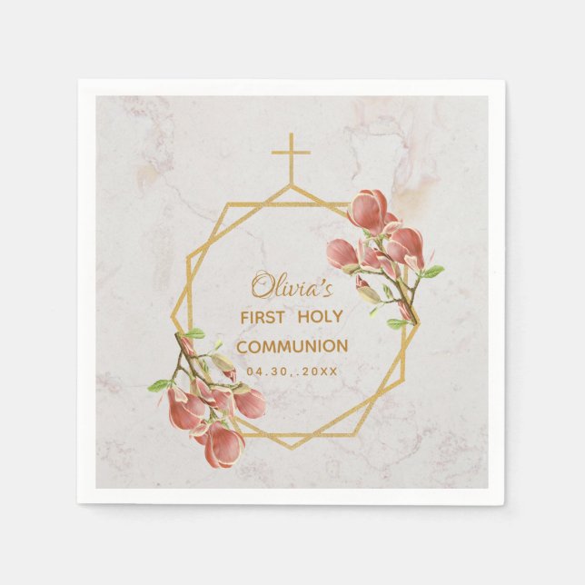 Girl First Communion Pink Magnolia Gold Marble Napkins (Front)