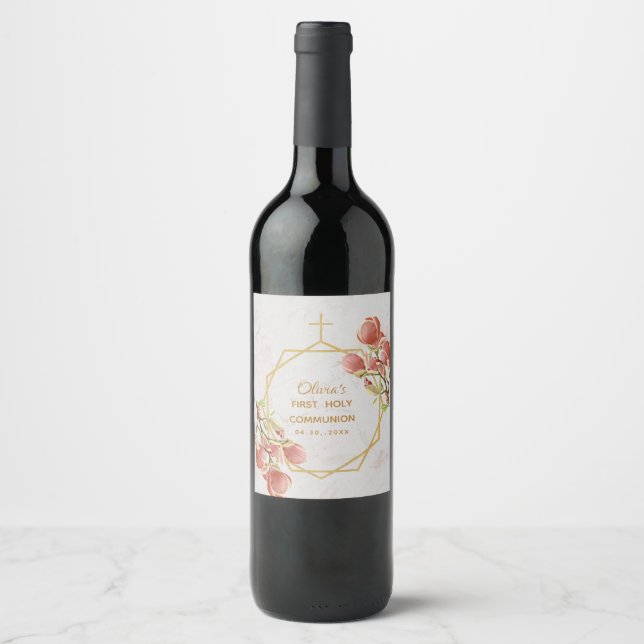 Girl First Communion Pink Magnolia Marble Gold Wine Label (Front)
