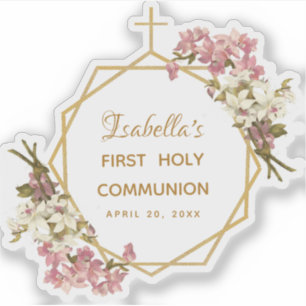 Girl First Communion Pink Orchid Gold Cross Floral Sticker