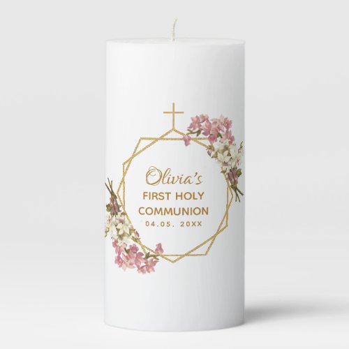 Girl First Communion Pink Orchids Gold Floral Pillar Candle