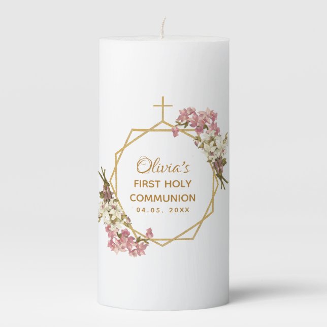 Girl First Communion Pink Orchids Gold Floral Pillar Candle (Front)