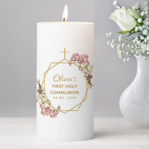 Girl First Communion Pink Orchids Gold Floral Pillar Candle