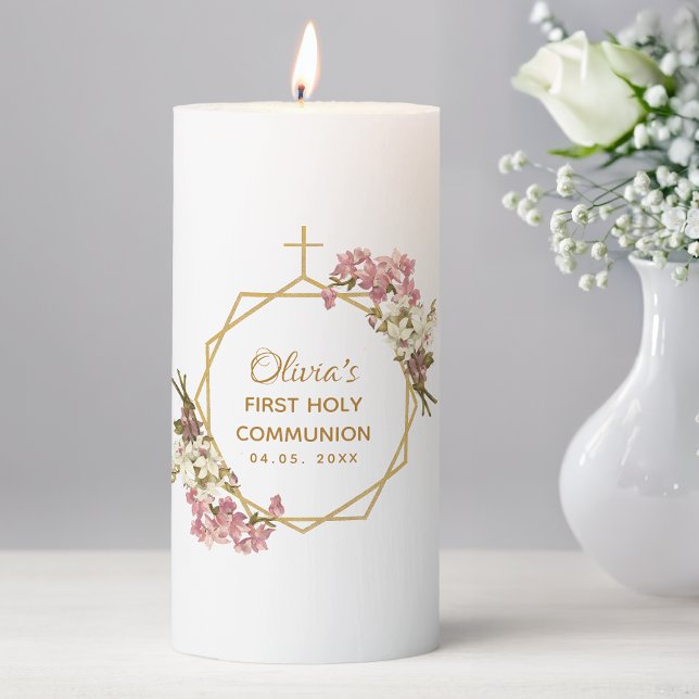 Girl First Communion Pink Orchids Gold Floral Pillar Candle (Creator Uploaded)