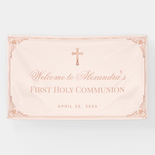 Girl First Communion Pink Rose Gold Cross Vintage Banner