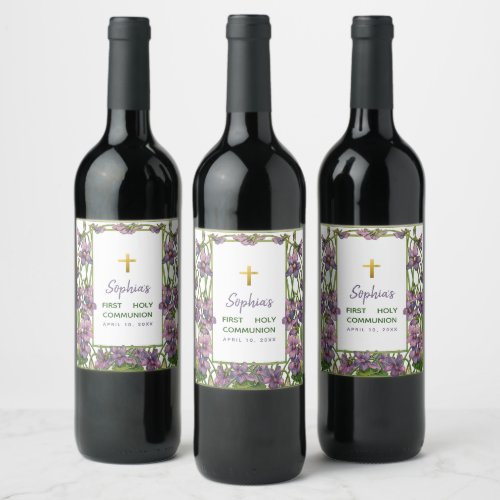 Girl First Communion Purple Violets Cross Floral Wine Label