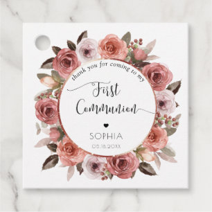 Girl First Communion Rose Gold, Blush Floral Favor Tags