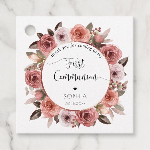 Girl First Communion Rose Gold Blush Floral Favor Tags