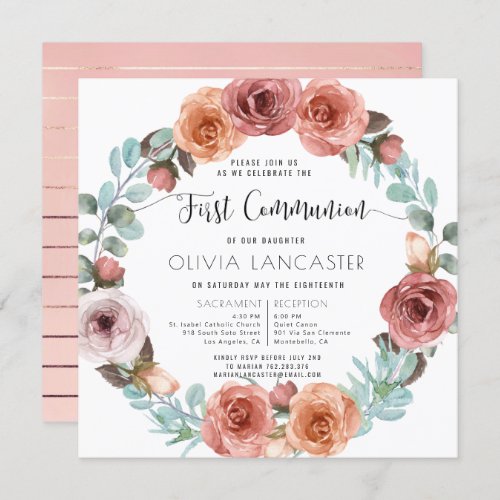 Girl First Communion Rose Gold Blush Floral Wreath Invitation