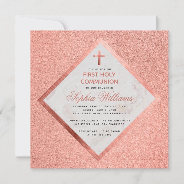 Girl First Communion Rose Gold Marble Pink Glitter Invitation (Front)