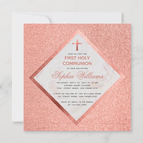 Girl First Communion Rose Gold Marble Pink Glitter Invitation