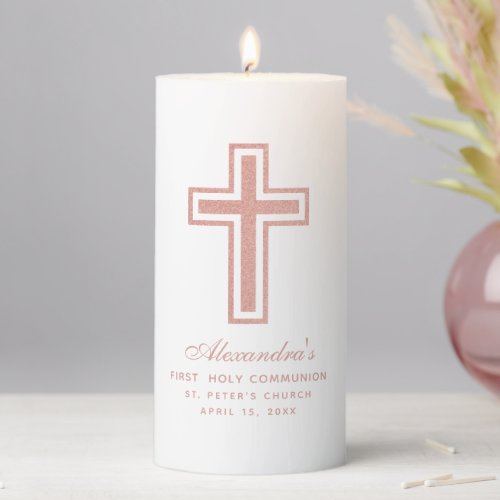 Girl First Communion Rose Gold Pink Catholic Cross Pillar Candle