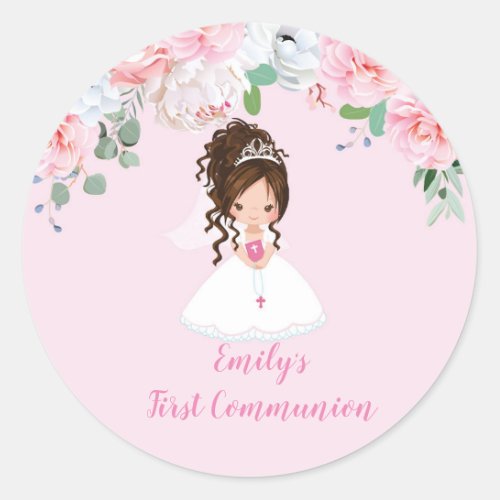 Girl First Communion Stickers Brunette Updo Classic Round Sticker