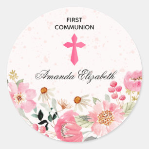 Girl First Communion Watercolor Pink Floral Classic Round Sticker