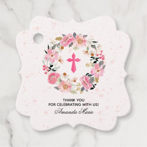 Girl First Communion Watercolor Pink Floral Favor Favor Tags