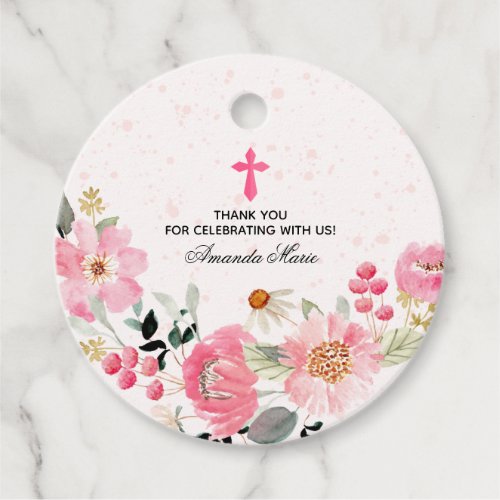 Girl First Communion Watercolor Pink Floral Favor Tags