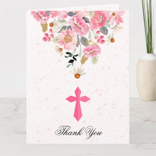 Girl First Communion Watercolor Pink Floral Folded Thank You Card