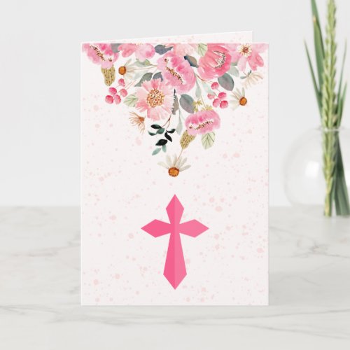 Girl First Communion Watercolor Pink Floral Folded Thank You Card
