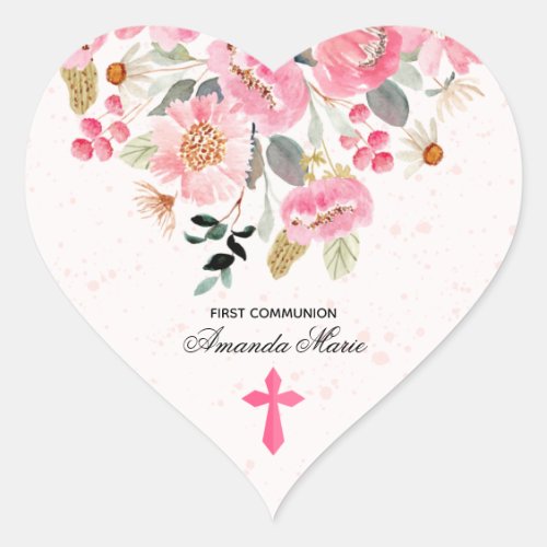 Girl First Communion Watercolor Pink Floral Heart Sticker