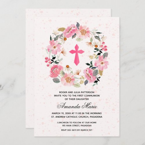 Girl First Communion Watercolor Pink Floral Invitation