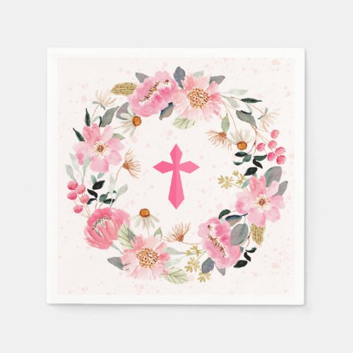 Girl First Communion Watercolor Pink Floral Napkins