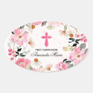 Girl First Communion Watercolor Pink Floral Oval Sticker