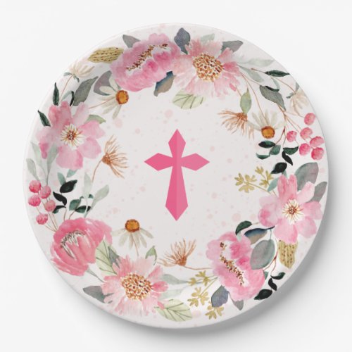 Girl First Communion Watercolor Pink Floral  Paper Plates